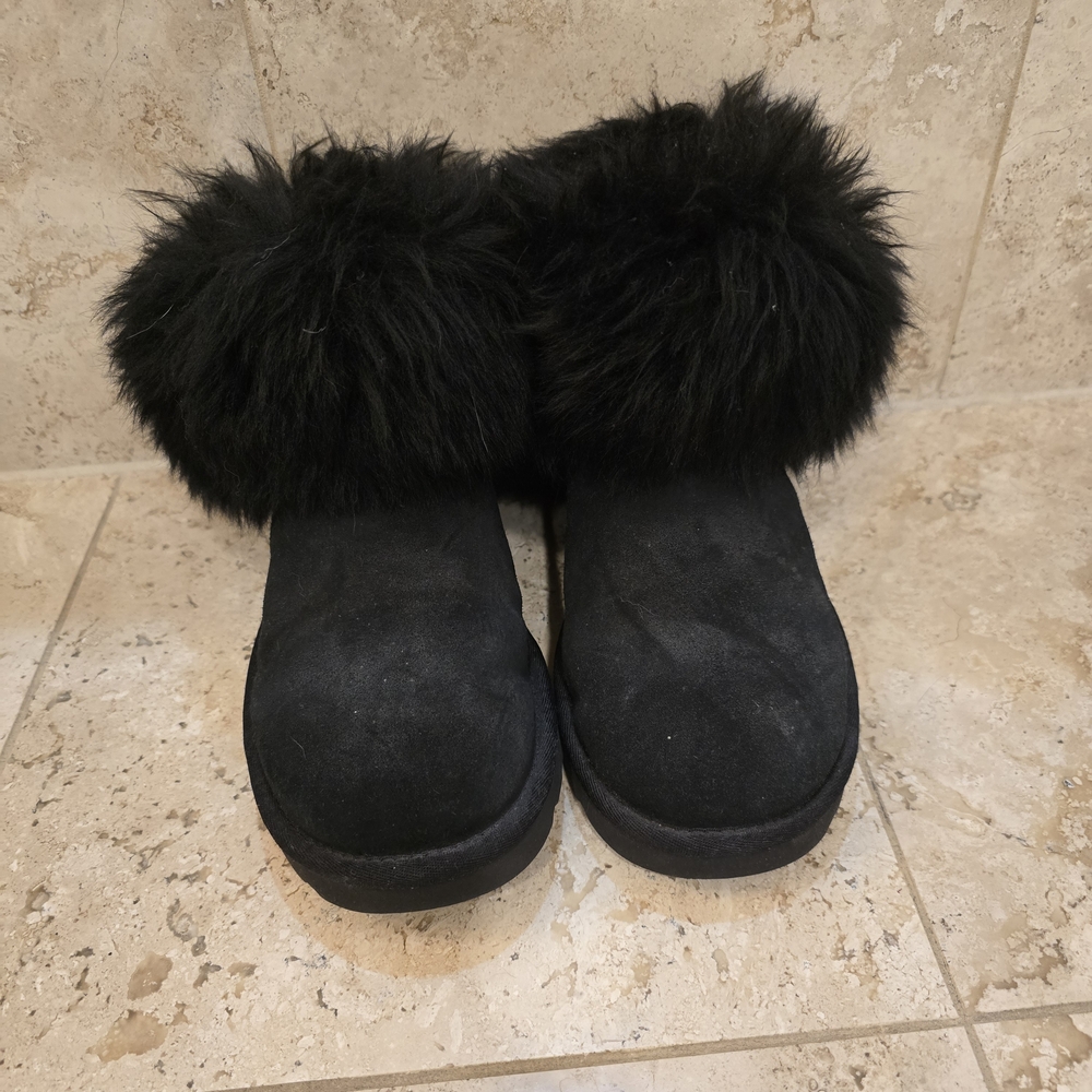 UGG Black Suede-Look Slip-On Boots with Faux Fur Cuff